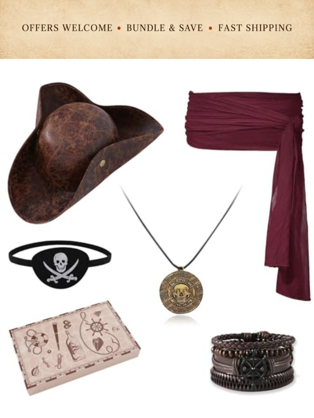 Pirate Hat Accessories Set Eye Patch Necklace Sash Leather Bracelets Costume